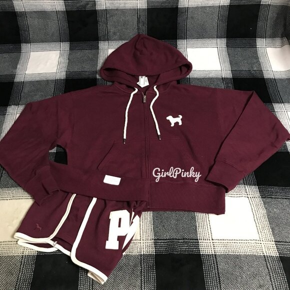 VS PINK IVY TERRY SHORTS OUTFIT & FULL ZIP BURGUNDY WITH LOGO ON THE BUTT XS-XXL - Picture 6 of 8